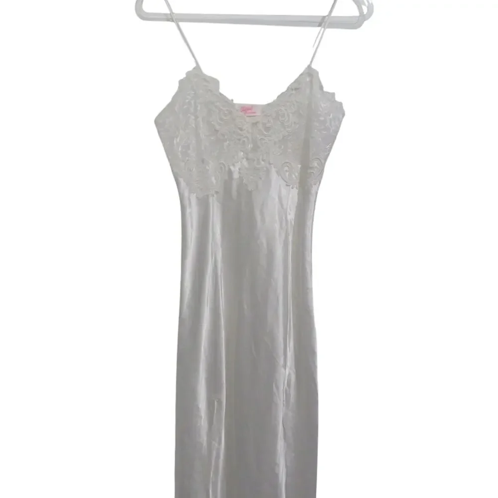 Intime Womens Medium White Vintage Satin Maxi Dress Lace Top Slip Dress